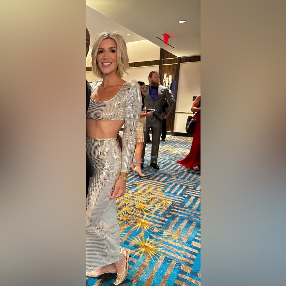 silver top and skirt